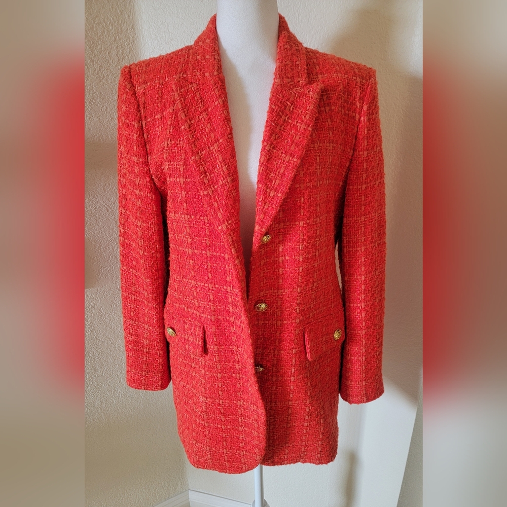 Zara Tweed Blazer Vibrant Red/Orange, Gold Buttons, Size Medium - Picture 6 of 15